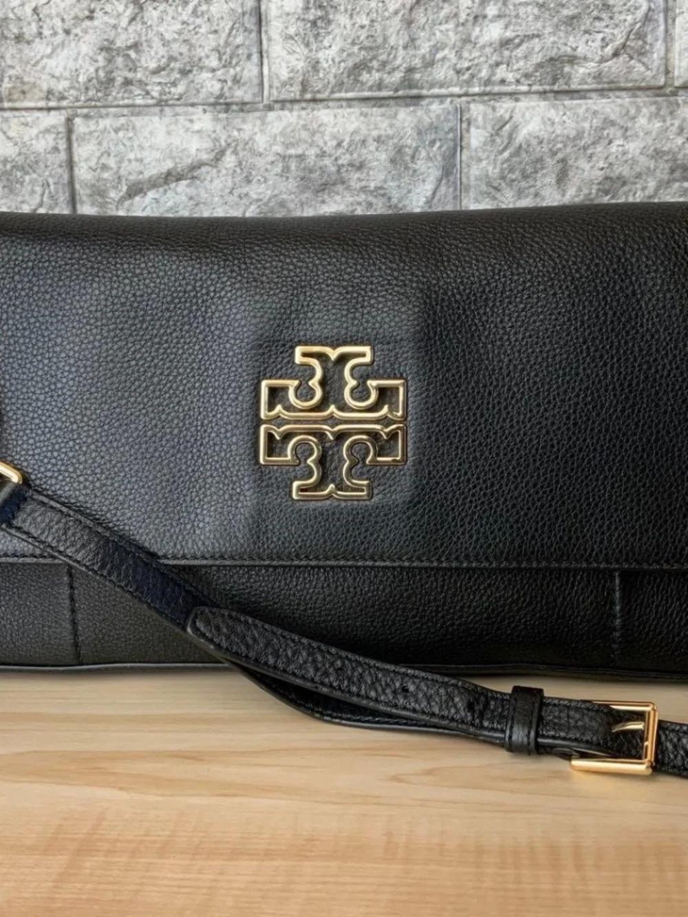 Tory Burch Britten Black Leather Fold Over Messenger Crossbody